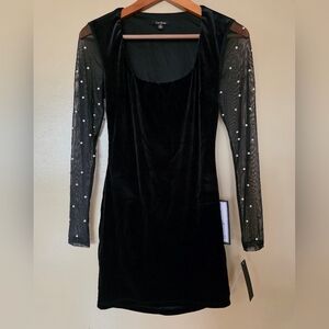 City Studio Black Velvet Mini Dress M Sheer Mesh Pearl Sleeve Open Back LBD NWT